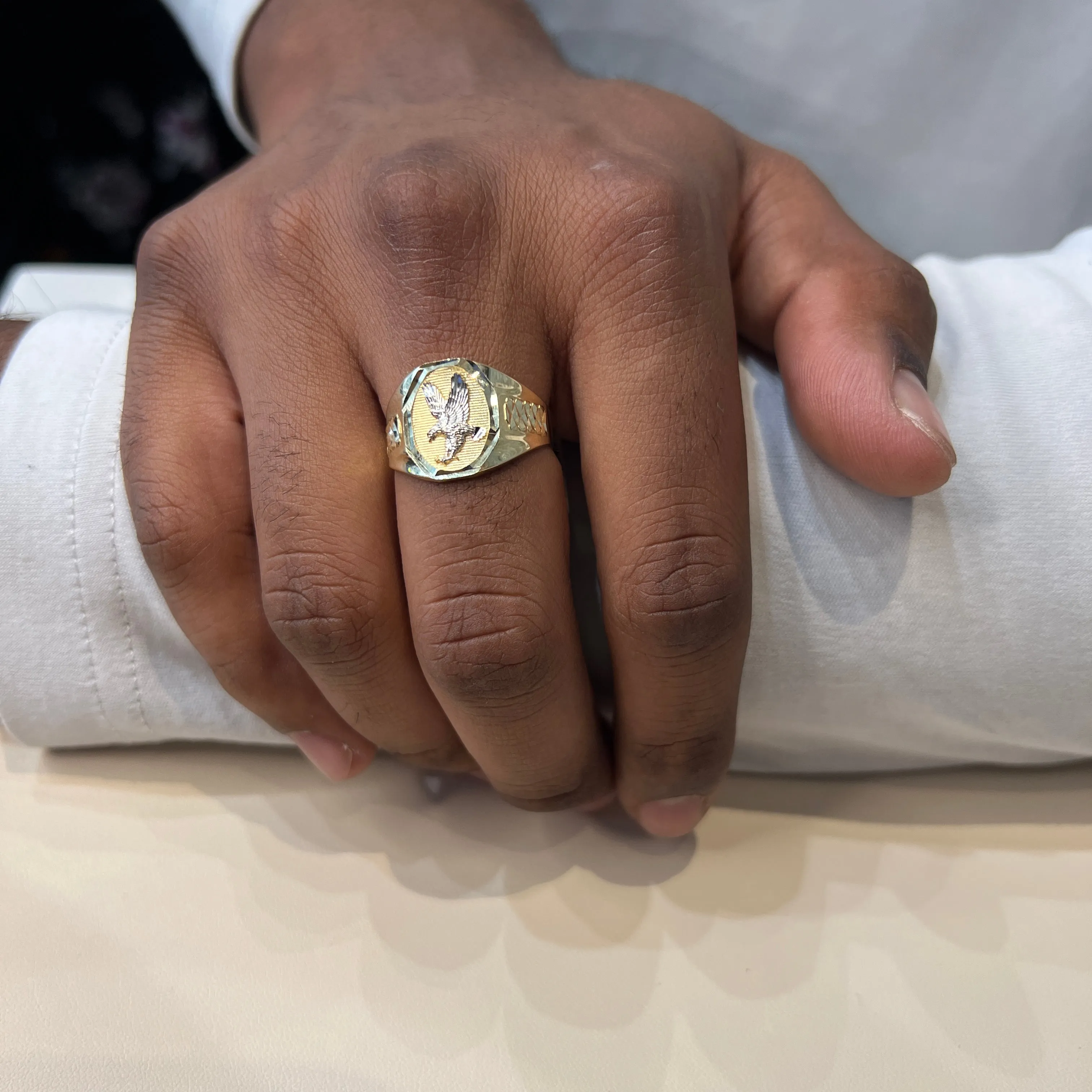 10K Yellow and White Mens Gold Eagle Ring