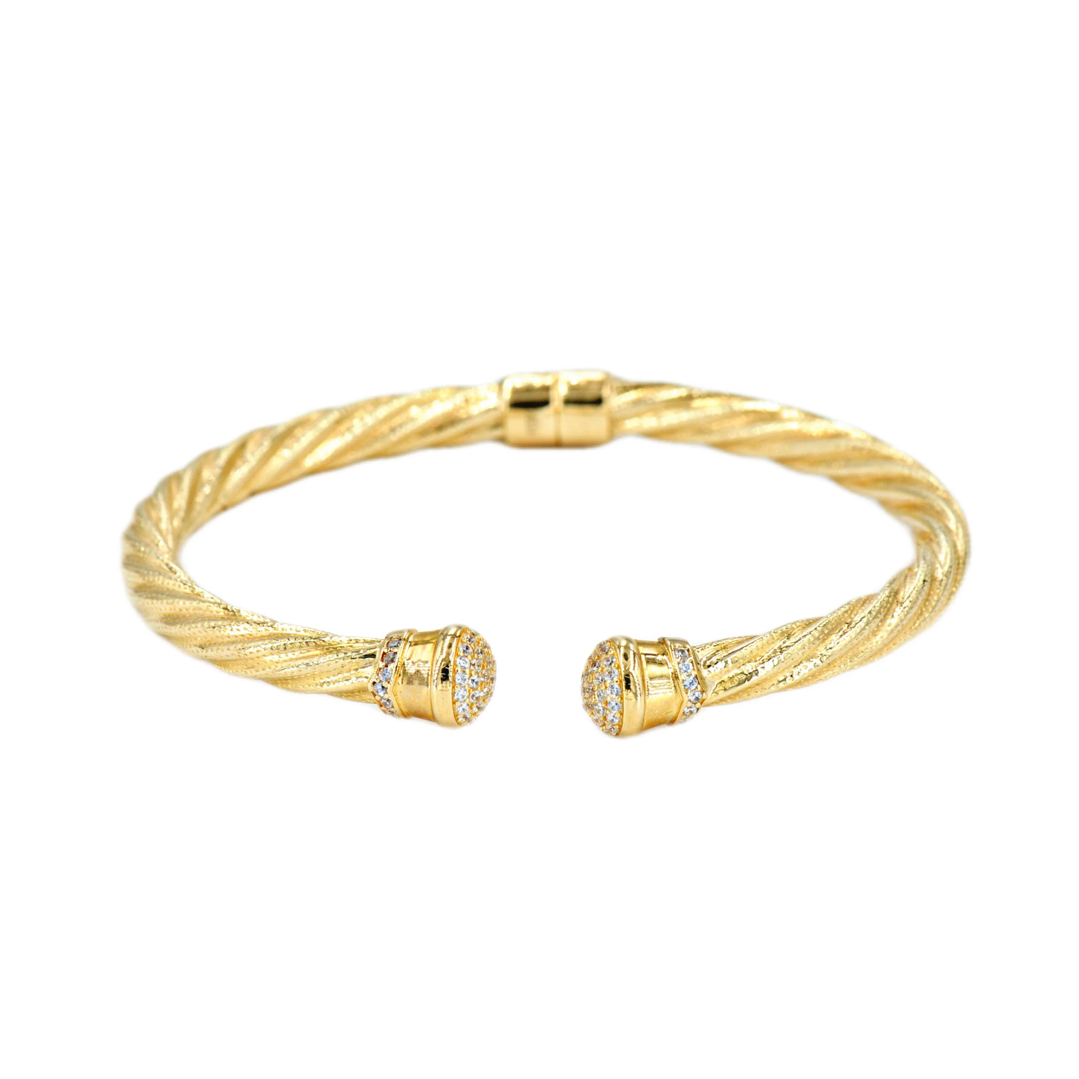 10K Yellow Gold Rope Cable Bangle With CZ