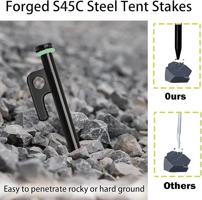 12 Pack Tent Stake with Hammer, 16in Heavy Duty Tent Stakes   10in Camping Hammer Storage Pouch, Forged Steel Tent Stakes for Camping Used on Rocks(12 Pack 16in Tent Stakes Hammer