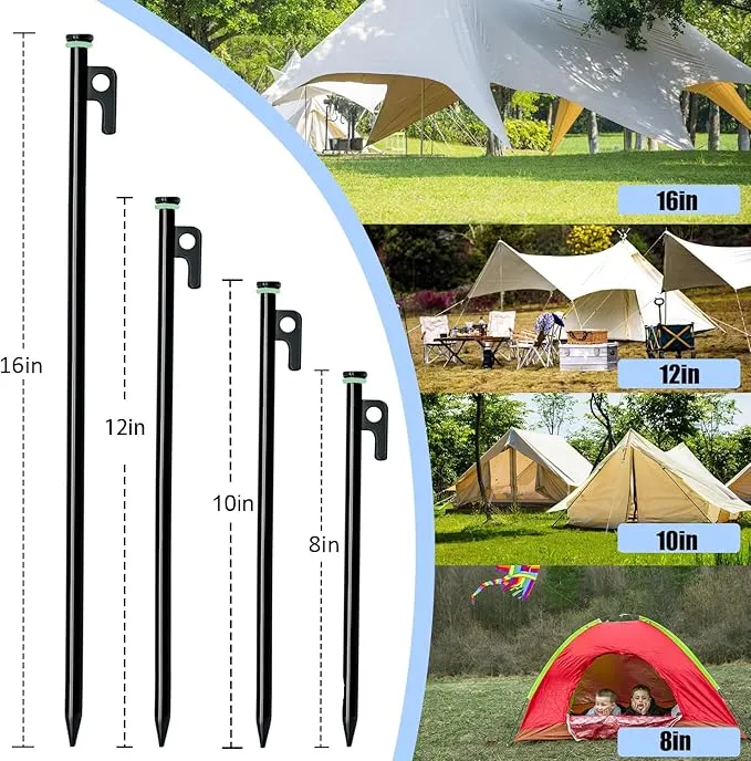 12 Pack Tent Stake with Hammer, 16in Heavy Duty Tent Stakes   10in Camping Hammer Storage Pouch, Forged Steel Tent Stakes for Camping Used on Rocks(12 Pack 16in Tent Stakes Hammer