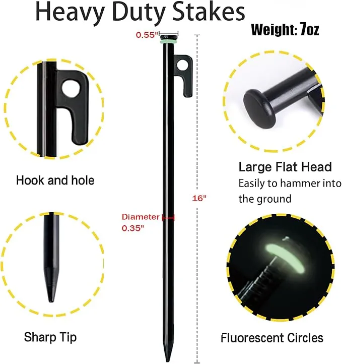 12 Pack Tent Stake with Hammer, 16in Heavy Duty Tent Stakes   10in Camping Hammer Storage Pouch, Forged Steel Tent Stakes for Camping Used on Rocks(12 Pack 16in Tent Stakes Hammer