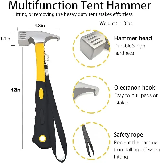 12 Pack Tent Stake with Hammer, 16in Heavy Duty Tent Stakes   10in Camping Hammer Storage Pouch, Forged Steel Tent Stakes for Camping Used on Rocks(12 Pack 16in Tent Stakes Hammer