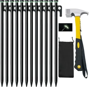 12 Pack Tent Stake with Hammer, 16in Heavy Duty Tent Stakes   10in Camping Hammer Storage Pouch, Forged Steel Tent Stakes for Camping Used on Rocks(12 Pack 16in Tent Stakes Hammer