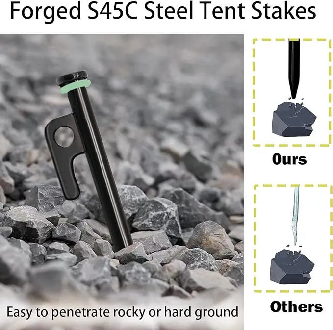 12 Pack Tent Stake with Hammer, 8in Heavy Duty Tent Stakes   10in Camping Hammer Storage Pouch, Forged Steel Tent Stakes for Camping Used on Rocks（12 Pack 8in Tent Stakes Hammer）