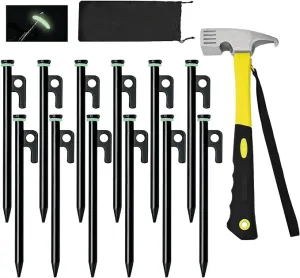 12 Pack Tent Stake with Hammer, 8in Heavy Duty Tent Stakes   10in Camping Hammer Storage Pouch, Forged Steel Tent Stakes for Camping Used on Rocks（12 Pack 8in Tent Stakes Hammer）