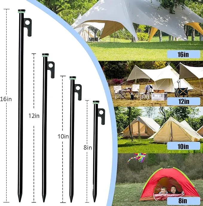 12 Pack Tent Stake with Hammer, 8in Heavy Duty Tent Stakes   10in Camping Hammer Storage Pouch, Forged Steel Tent Stakes for Camping Used on Rocks（12 Pack 8in Tent Stakes Hammer）