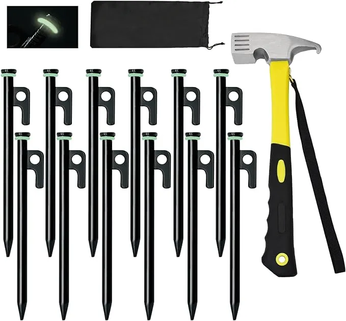 12 Pack Tent Stake with Hammer, 8in Heavy Duty Tent Stakes   10in Camping Hammer Storage Pouch, Forged Steel Tent Stakes for Camping Used on Rocks（12 Pack 8in Tent Stakes Hammer）