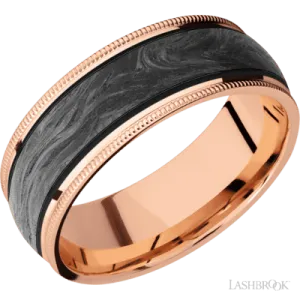 14k Rose Gold band with one 5mm centered inlay of forged carbon fiber