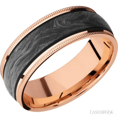 14k Rose Gold band with one 5mm centered inlay of forged carbon fiber
