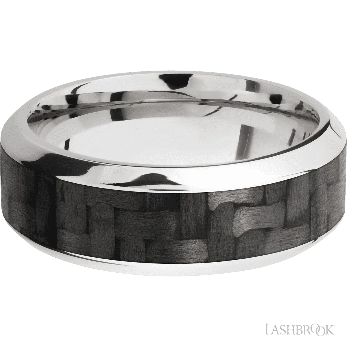14K White Gold Men's 8MM Wedding Ring with Polish Finish and Carbon Fiber Inlay