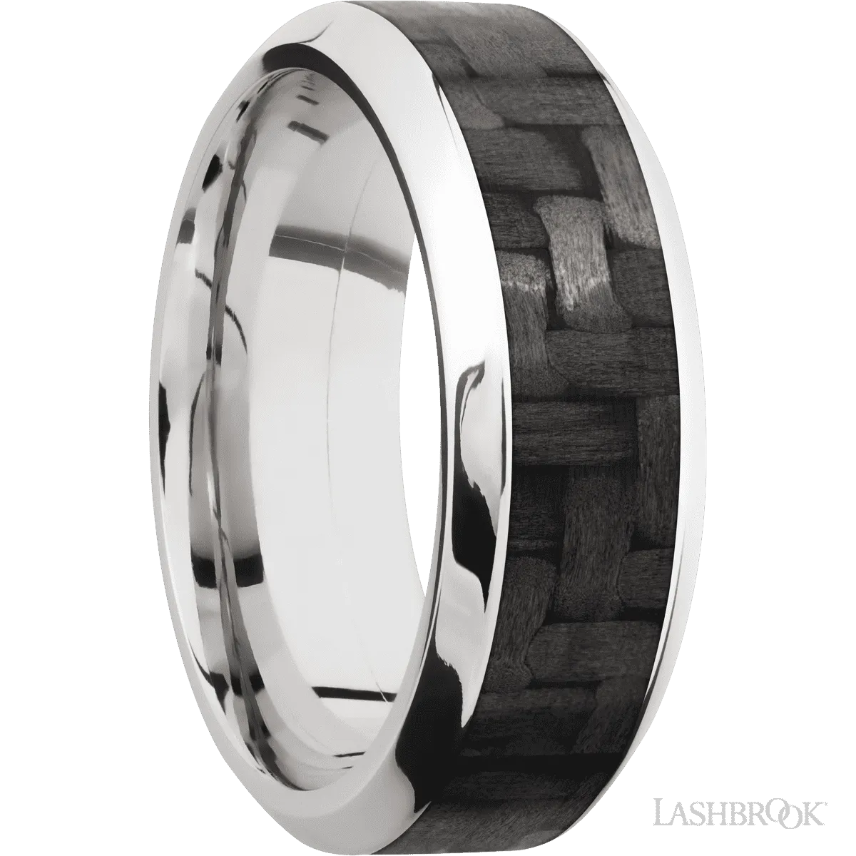 14K White Gold Men's 8MM Wedding Ring with Polish Finish and Carbon Fiber Inlay