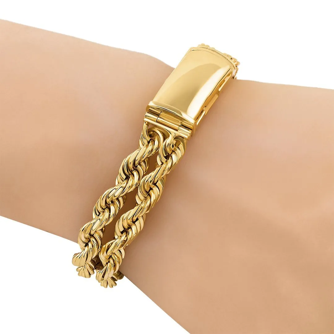 14K Yellow Gold Double Rope Link Bracelet 13 mm