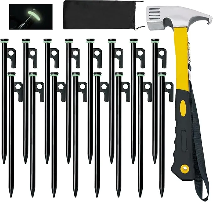 16 Pack Tent Stakes with Hammer, 8in Heavy Duty Tent Stakes   10in Tent Stakes Hammer Storage Pouch, Forged Steel Tent Stakes for Camping Used on Rocks(16Pcs 8in Tent Stakes and Hammer)