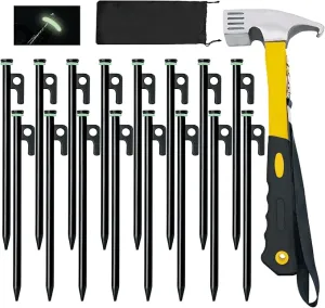 16 Pack Tent Stakes with Hammer, 8in Heavy Duty Tent Stakes   10in Tent Stakes Hammer Storage Pouch, Forged Steel Tent Stakes for Camping Used on Rocks(16Pcs 8in Tent Stakes and Hammer)