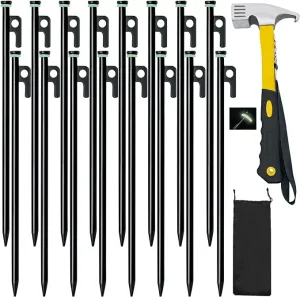 16 Pack Tent Stakes with Hammer,16in Heavy Duty Tent Stakes   12in Tent Stakes Hammer Storage Pouch, Forged Steel Tent Stakes for Camping Used on Rocks, Grassland(16Pcs 16in Tent Stakes Hammer)