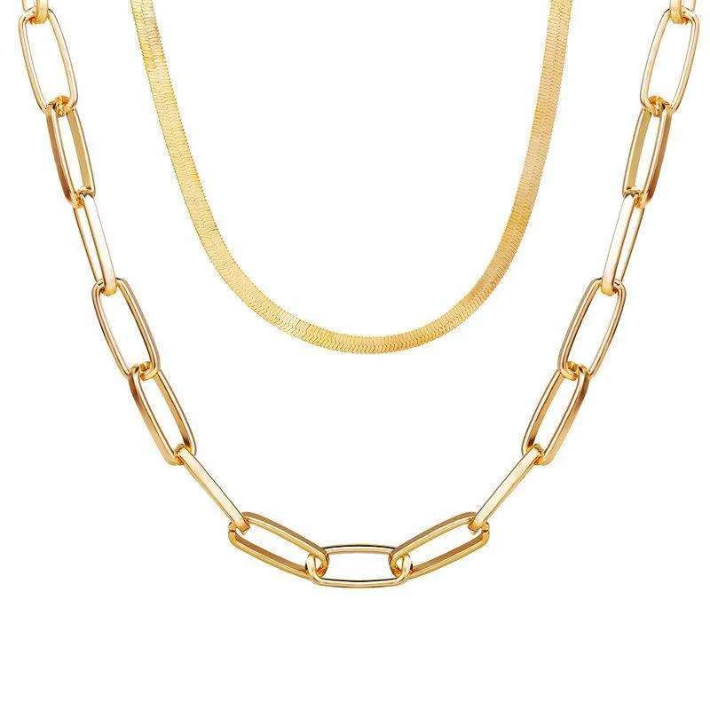 18K Gold Plated Link Chain Necklace with Omega and Paperclip Pendant - Made in Italy