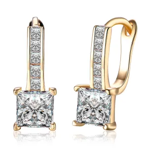 18K Gold Plated Princess Cut Square Huggie Earring with Crystals - Hypoallergenic and Comfort Fit Jewelry in White Gift Box