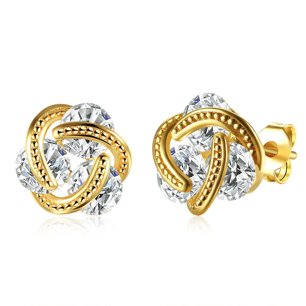 18K Gold Plated Triple Stone Knot Stud Earrings with Crystals - Hypoallergenic and Comfort Fit