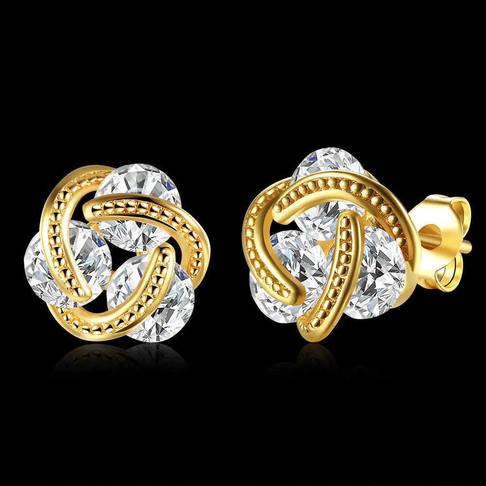 18K Gold Plated Triple Stone Knot Stud Earrings with Crystals - Hypoallergenic and Comfort Fit