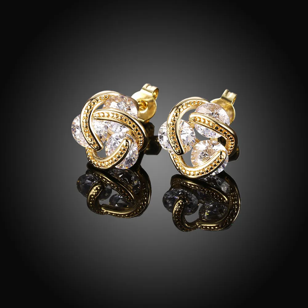18K Gold Plated Triple Stone Knot Stud Earrings with Crystals - Hypoallergenic and Comfort Fit