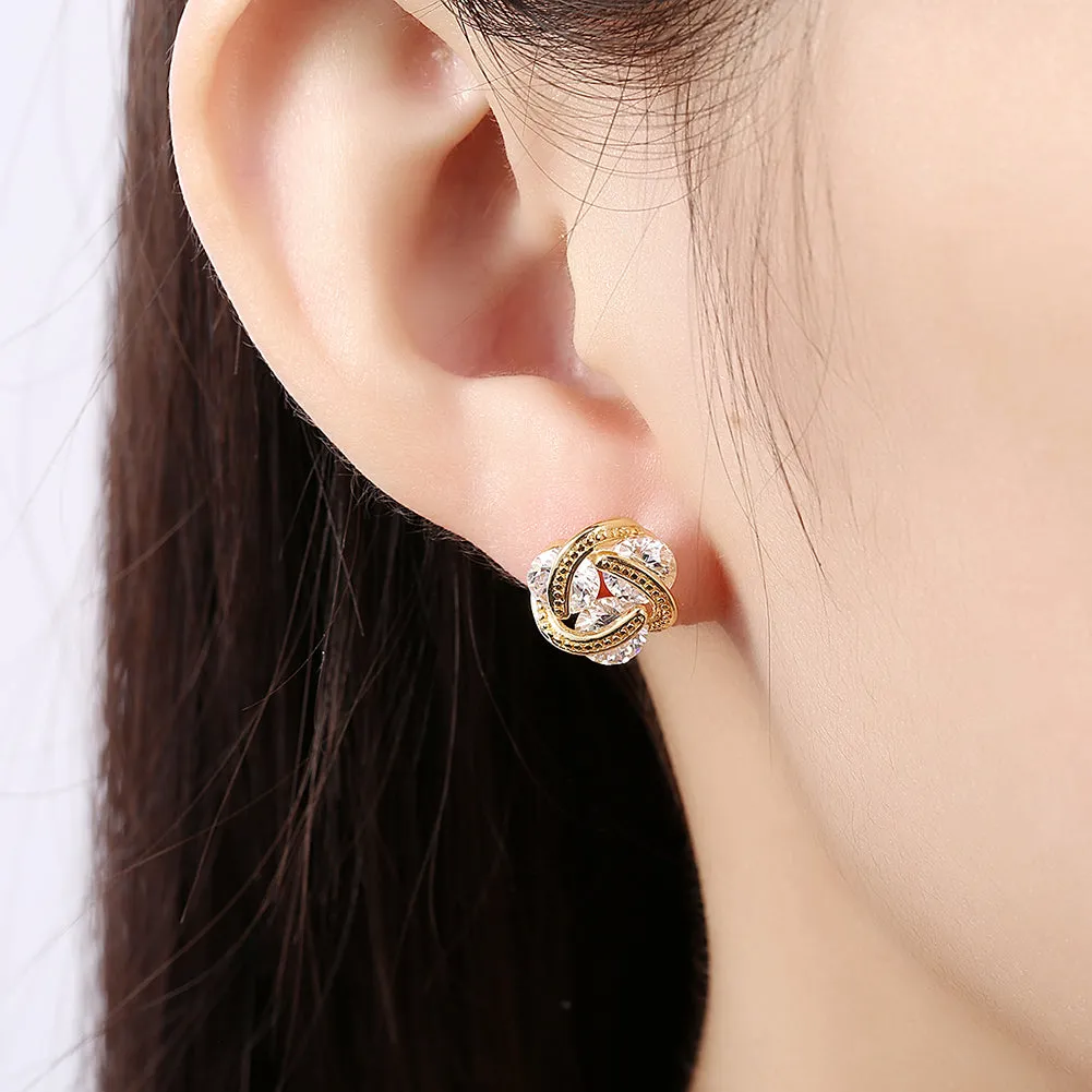 18K Gold Plated Triple Stone Knot Stud Earrings with Crystals - Hypoallergenic and Comfort Fit