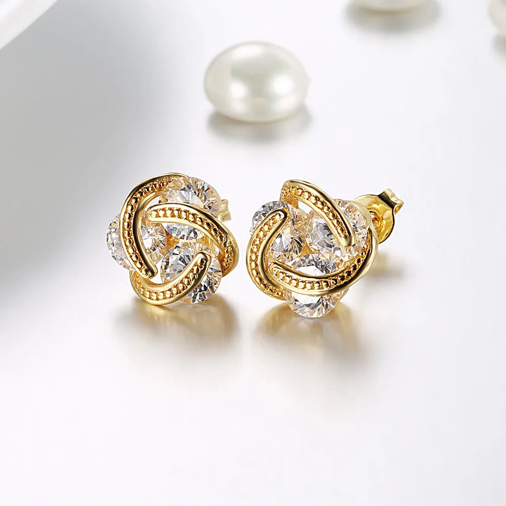 18K Gold Plated Triple Stone Knot Stud Earrings with Crystals - Hypoallergenic and Comfort Fit