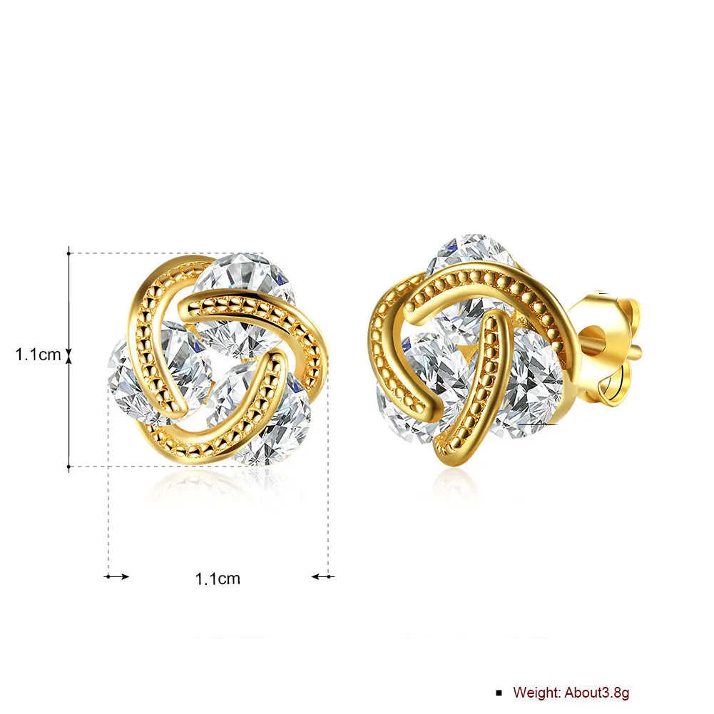 18K Gold Plated Triple Stone Knot Stud Earrings with Crystals - Hypoallergenic and Comfort Fit