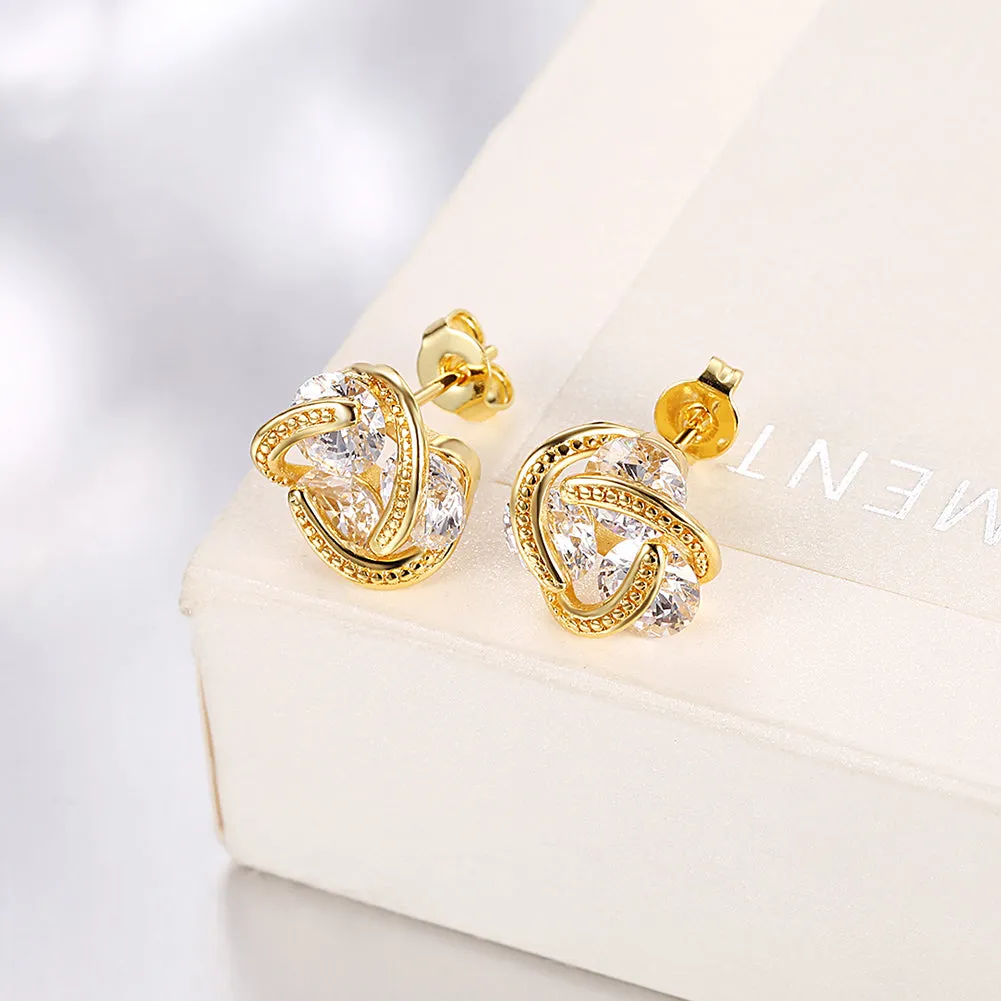 18K Gold Plated Triple Stone Knot Stud Earrings with Crystals - Hypoallergenic and Comfort Fit