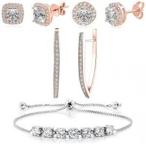18K Rose Gold Plated Halo Set with Crystals - Hypoallergenic, Made in Italy