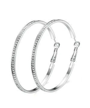 18K White Gold Plated Pave Hoop Earrings with Crystals - Hypoallergenic and Made in Italy