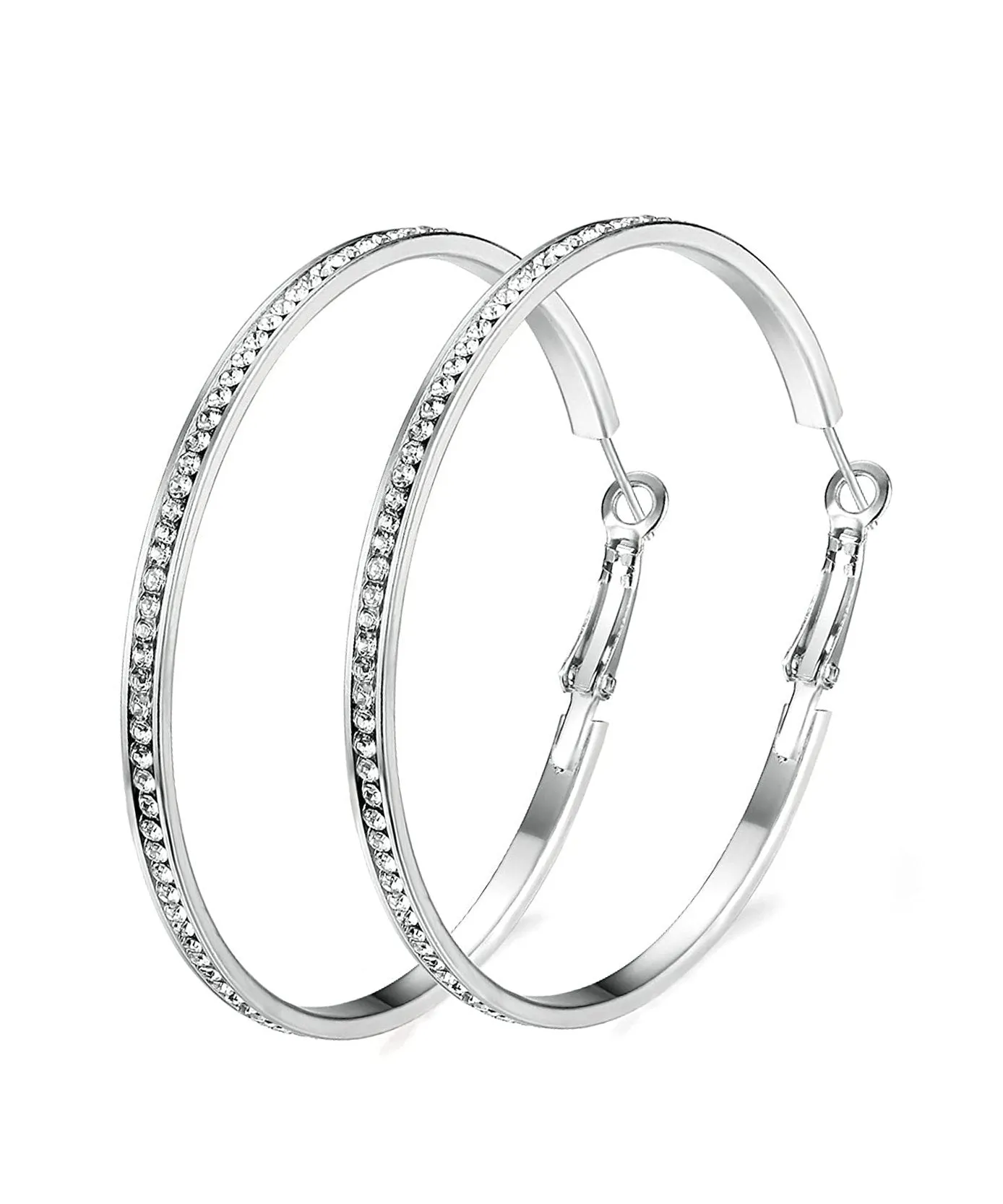 18K White Gold Plated Pave Hoop Earrings with Crystals - Hypoallergenic and Made in Italy