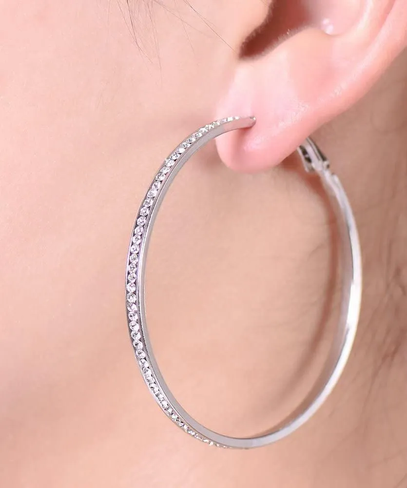 18K White Gold Plated Pave Hoop Earrings with Crystals - Hypoallergenic and Made in Italy