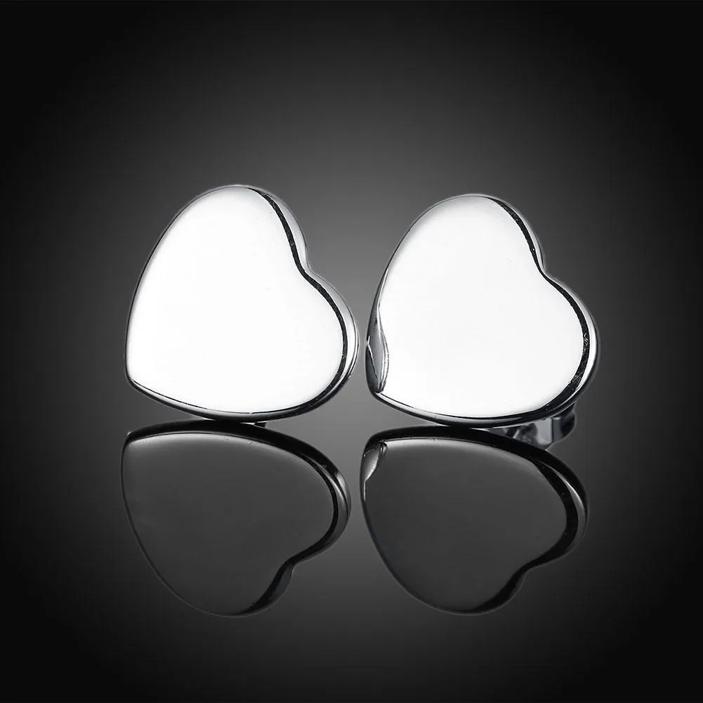 18K White Gold Plated Smooth Heart Stud Earring - Hypoallergenic and Comfortable Fitting Jewelry Piece