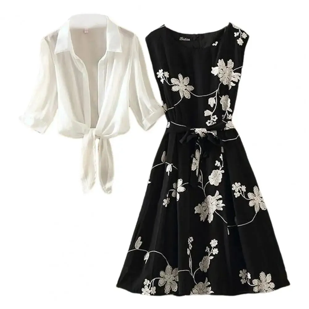 2 Pcs/Set Women Retro Dress Suit Flower Print Sleeveless Tight Waist Dress Long Sleeve See-through Cardigan Coat Dress Set
