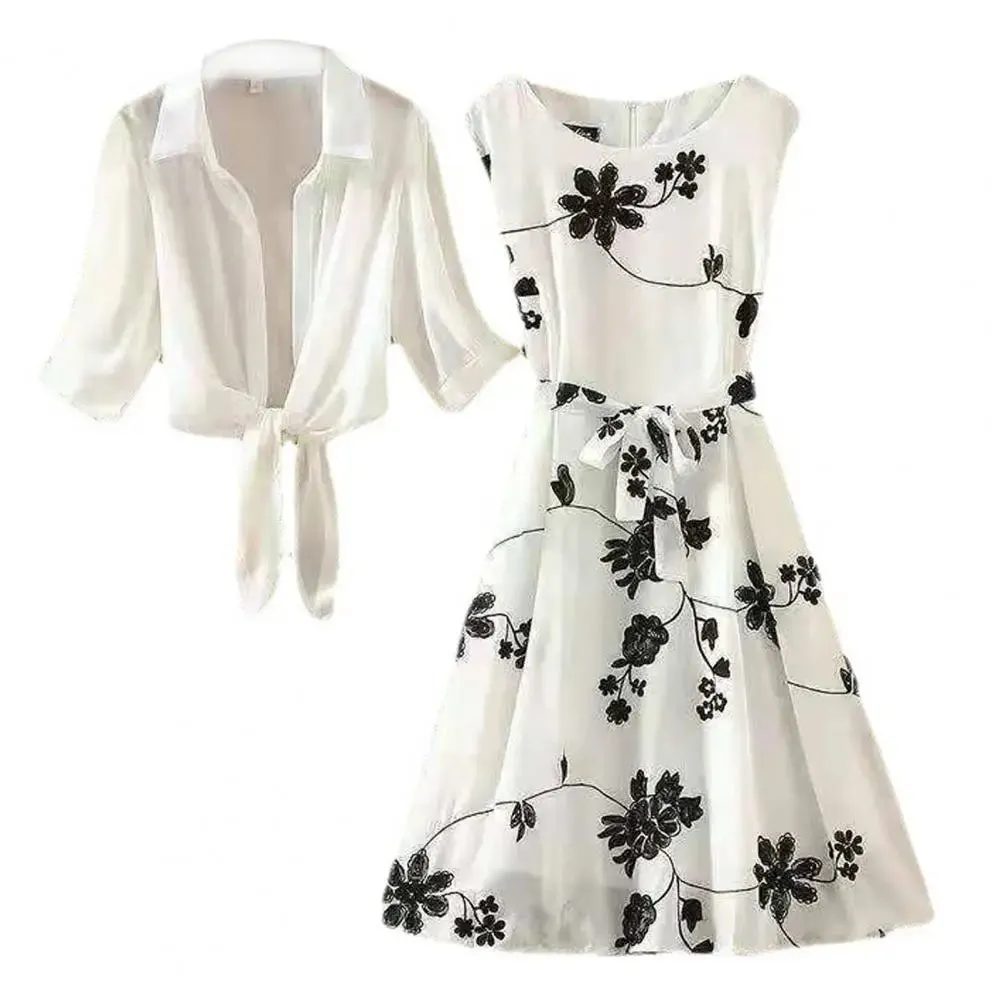 2 Pcs/Set Women Retro Dress Suit Flower Print Sleeveless Tight Waist Dress Long Sleeve See-through Cardigan Coat Dress Set