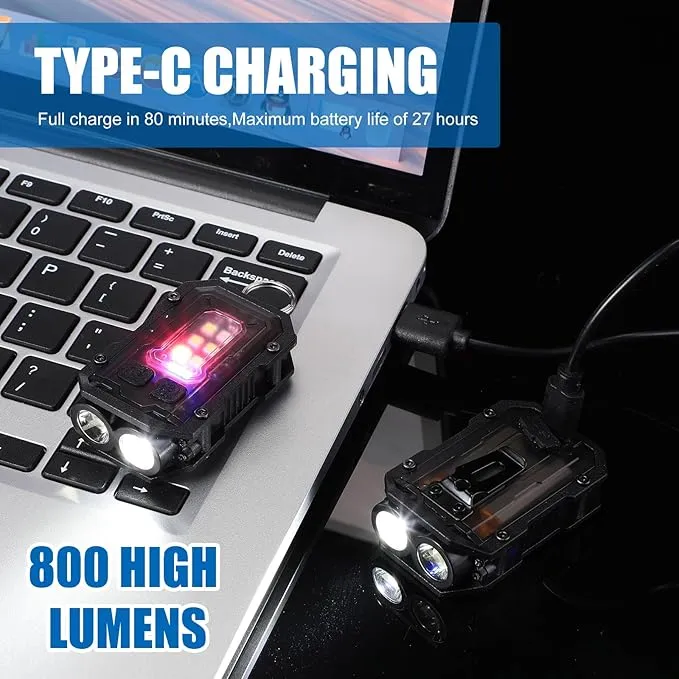 3 Pcs Mini EDC Flashlight Rechargeable Small Keychain Flashlight with White Red Blue Light, 800 High Lumens Pocket USB C LED COB Portable Flash Lights with Clip and Magnet, 8 Modes