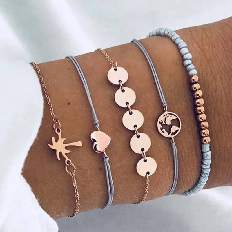 30 Pieces) Alloy And Wax Rope Bracelet Set