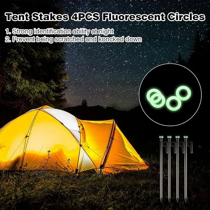 4 Pack Tent Stakes Heavy Duty Metal Tent Pegs with 10in Steel Tent Stakes Fluorescent Silicone Rings Special Bag for Camping Used on Rocks, Grassland (10in - 4 Pack)