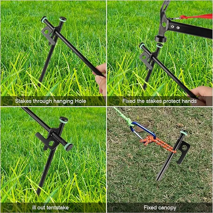 4 Pack Tent Stakes Heavy Duty Metal Tent Pegs with 10in Steel Tent Stakes Fluorescent Silicone Rings Special Bag for Camping Used on Rocks, Grassland (10in - 4 Pack)