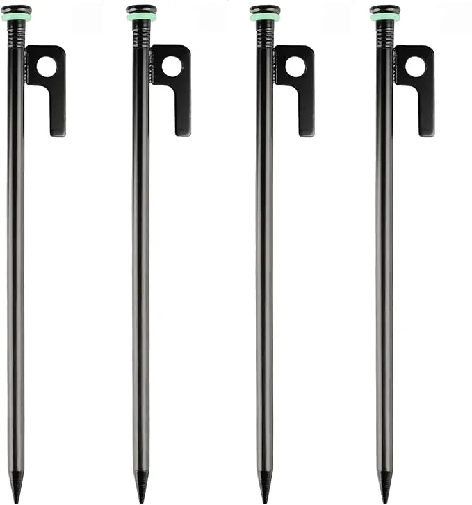4 Pack Tent Stakes Heavy Duty Metal Tent Pegs with 10in Steel Tent Stakes Fluorescent Silicone Rings Special Bag for Camping Used on Rocks, Grassland (10in - 4 Pack)