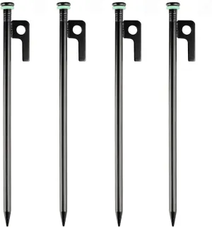 4 Pack Tent Stakes Heavy Duty Metal Tent Pegs with 10in Steel Tent Stakes Fluorescent Silicone Rings Special Bag for Camping Used on Rocks, Grassland (10in - 4 Pack)
