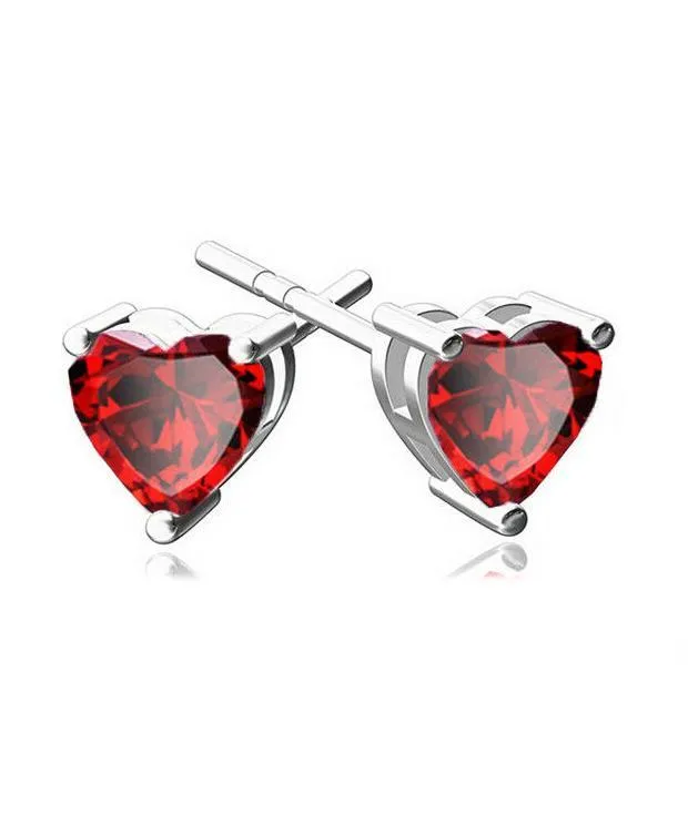 6mm Heart Stud Earring With Austrian Crystals - Red in 18K White Gold