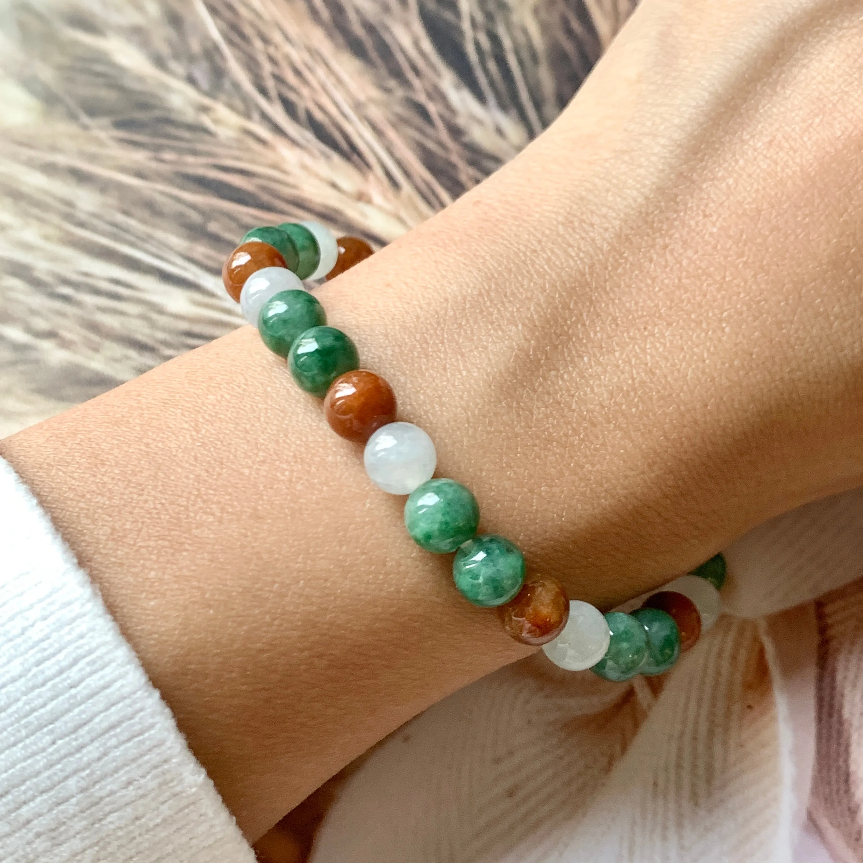 7.4mm A-Grade Natural Tri-Colour Jadeite Beaded Bracelet No.190347
