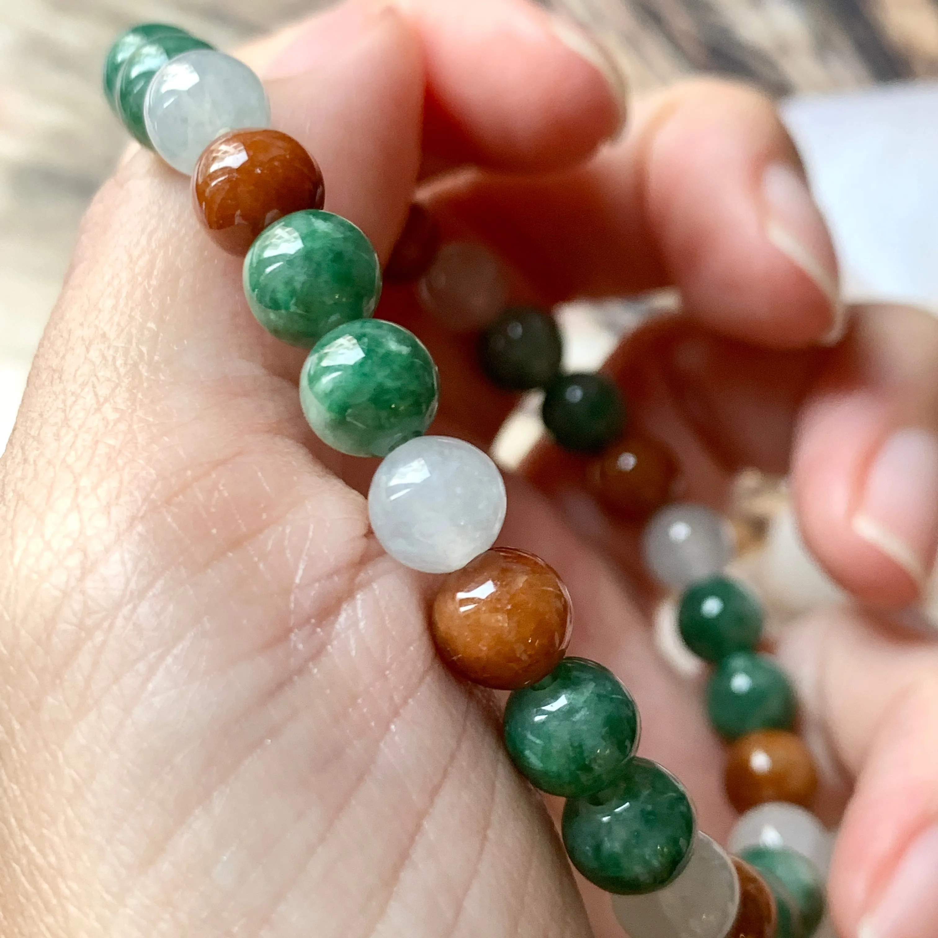 7.4mm A-Grade Natural Tri-Colour Jadeite Beaded Bracelet No.190347