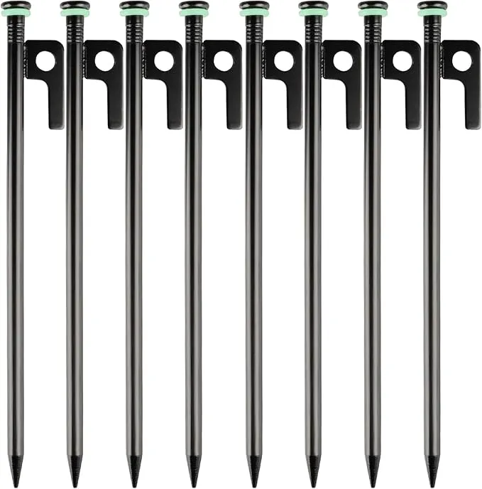 8 Pack Tent Stakes Heavy Duty Metal Tent Pegs with 10in Steel Tent Stakes Fluorescent Silicone Rings Special Bag for Camping Used on Rocks, Grassland (10in - 8 Pack)