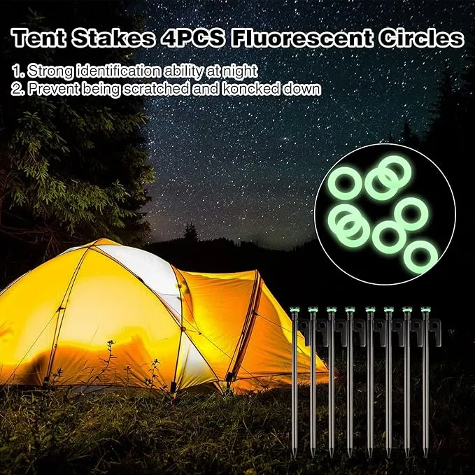 8 Pack Tent Stakes Heavy Duty Metal Tent Pegs with 10in Steel Tent Stakes Fluorescent Silicone Rings Special Bag for Camping Used on Rocks, Grassland (10in - 8 Pack)