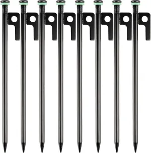 8 Pack Tent Stakes Heavy Duty Metal Tent Pegs with 10in Steel Tent Stakes Fluorescent Silicone Rings Special Bag for Camping Used on Rocks, Grassland (10in - 8 Pack)