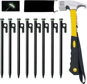 8 Pack Tent Stakes with Hammer, 8in Heavy Duty Tent Stakes   10in Tent Stakes Hammer Storage Pouch, Forged Steel Tent Stakes for Camping Used on Rocks(8Pcs 8in Tent Stakes and Hammer)