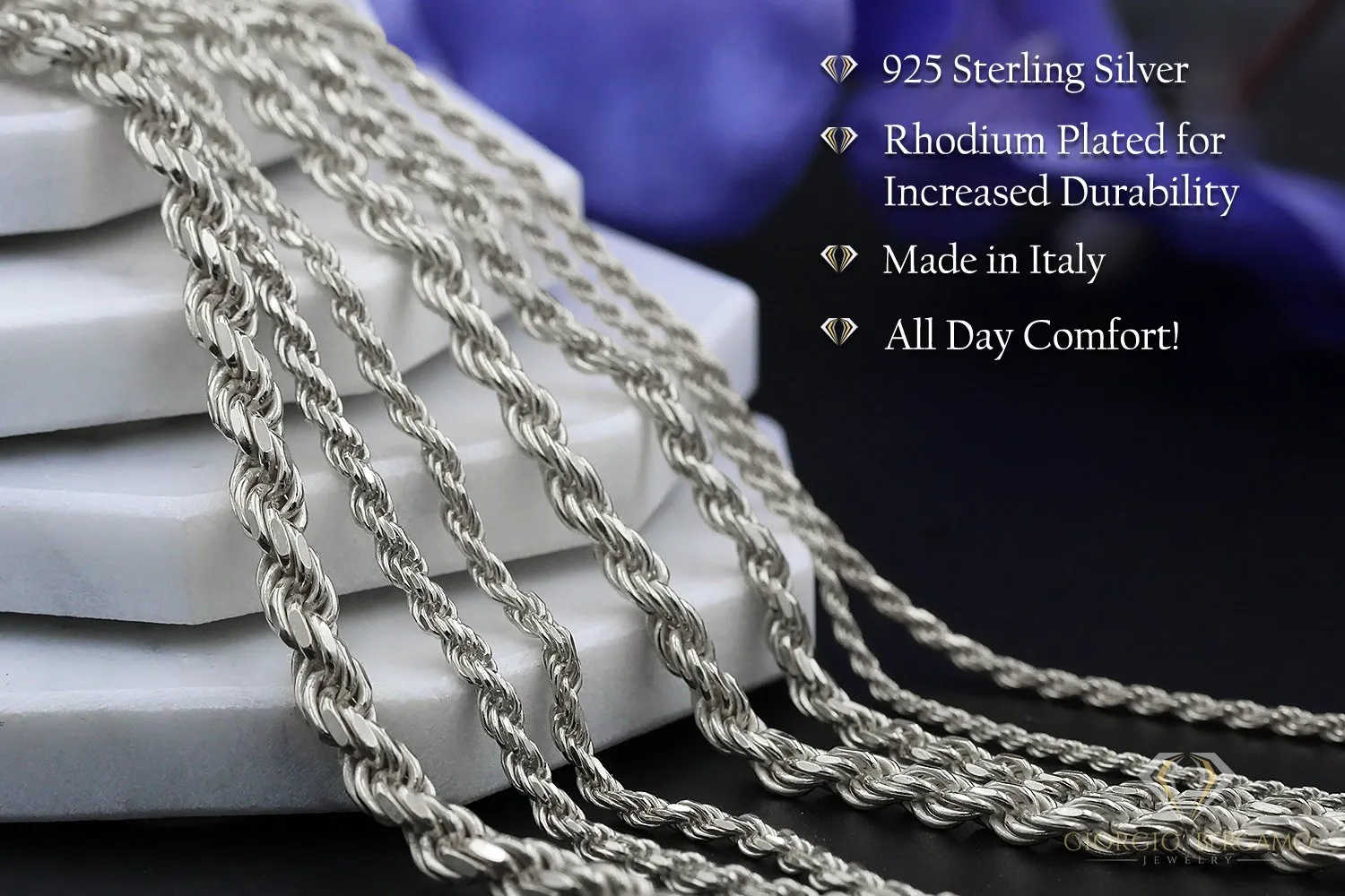 925 Sterling Silver 3.5mm Solid Rope Diamond Cut Rhodium Bracelet