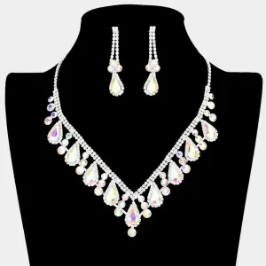 AB Teardrop and Rhinestone Necklace with Clip On Earrings | Prom Jewelry |  572959